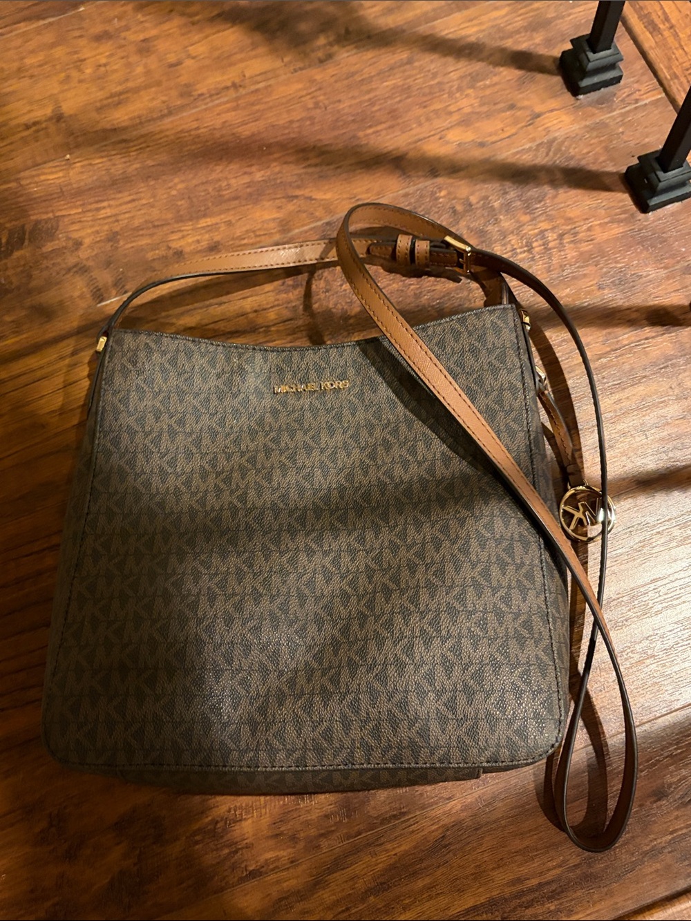 Michael Kors Brown MK Monogram Crossbody with Gold Accents